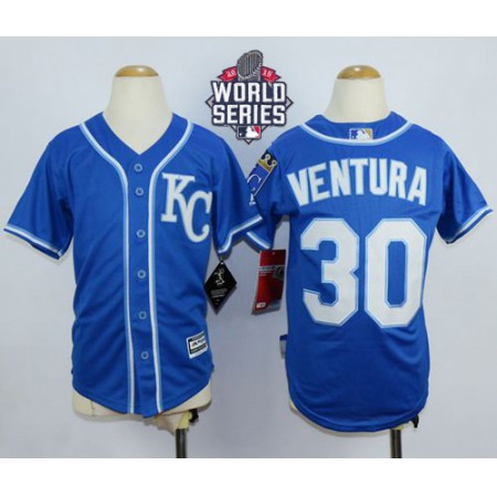 Royals #30 Yordano Ventura Blue Cool Base W/2015 World Series Patch Stitched Youth MLB Jersey