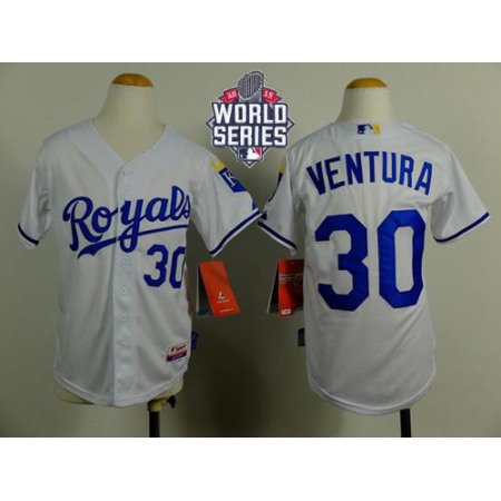 Royals #30 Yordano Ventura White Cool Base W/2015 World Series Patch Stitched Youth MLB Jersey