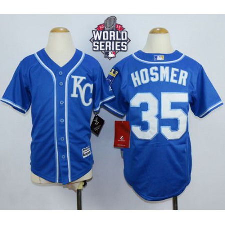 Royals #35 Eric Hosmer Blue Alternate 2 Cool Base W/2015 World Series Patch Stitched Youth MLB Jersey