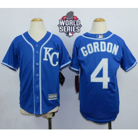 Royals #4 Alex Gordon Blue Cool Base W/2015 World Series Patch Stitched Youth MLB Jersey
