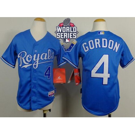 Royals #4 Alex Gordon Light Blue Cool Base Alternate 1 W/2015 World Series Patch Stitched Youth MLB Jersey
