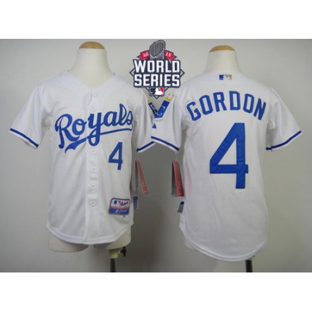 Royals #4 Alex Gordon White Cool Base W/2015 World Series Patch Stitched Youth MLB Jersey