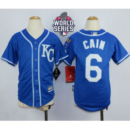 Royals #6 Lorenzo Cain Blue Alternate 2 Cool Base W/2015 World Series Patch Stitched Youth MLB Jersey