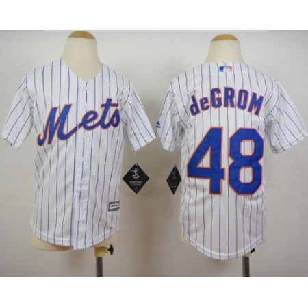 Mets #48 Jacob DeGrom White(Blue Strip) Home Cool Base Stitched Youth MLB Jersey