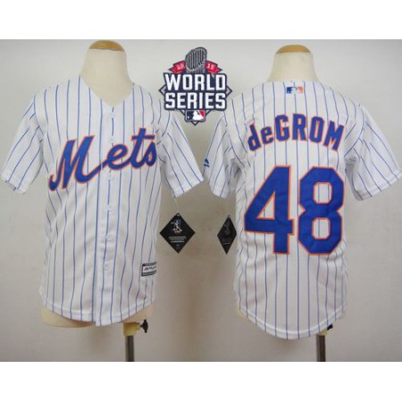 Mets #48 Jacob DeGrom White(Blue Strip) Home Cool Base W/2015 World Series Patch Stitched Youth MLB Jersey
