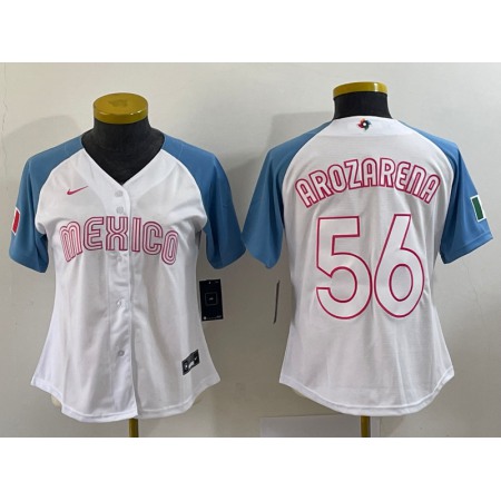 Youth Mexico Baseball #56 Randy Arozarena 2023 White Blue World Baseball Classic With Patch Stitched Jersey
