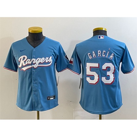 Youth Texas Rangers #53 Adolis Garcia Blue With Patch Stitched Baseball Jersey
