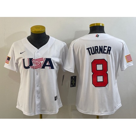 Youth USA Baseball #8 Trea Turner 2023 White World Baseball Classic Stitched Jersey