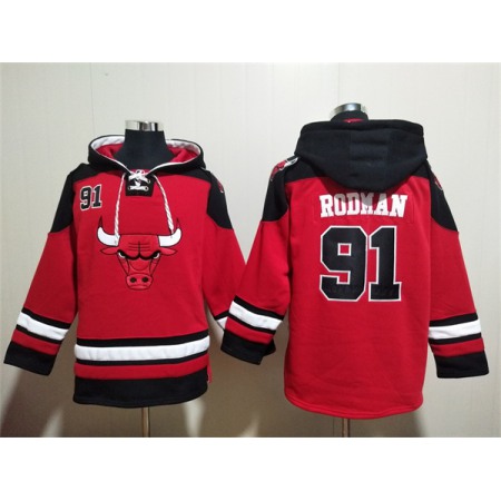 Men's Chicago Bulls #91 Dennis Rodman Red/Black Ageless Must-Have Lace-Up Pullover Hoodie