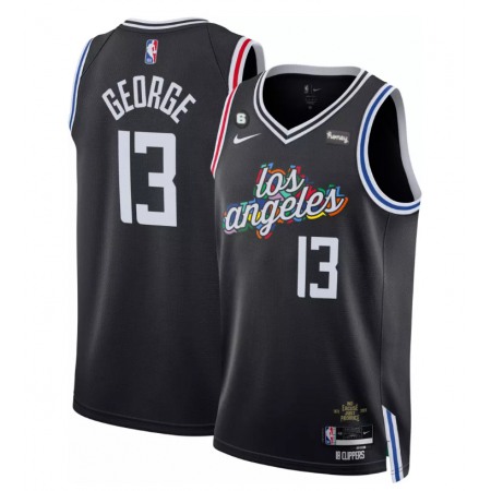 Men's Los Angeles Clippers #13 Paul George Black 2022/23 City Edition With NO.6 Patch Stitched Jersey
