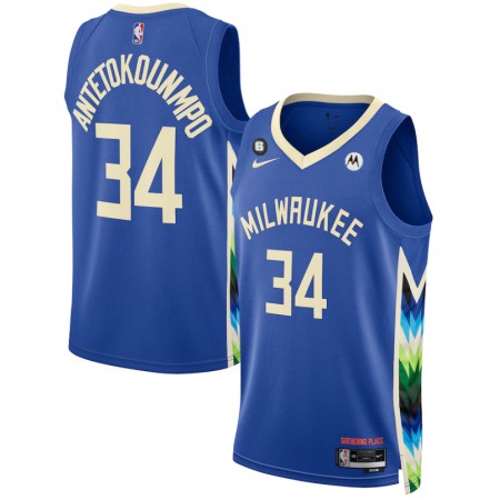 Men's Milwaukee Bucks #34 Giannis Antetokounmpo Blue 2022/23 City Edition With NO.6 Patch Stitched Basketball Jersey