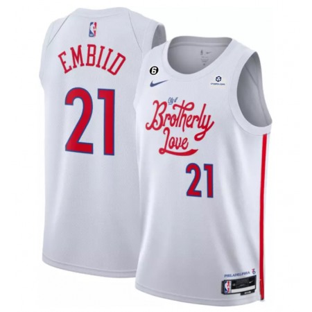 Men's Philadelphia 76ers #21 Joel Embiid White 2022/23 City Edition With NO.6 Patch Stitched Basketball Jersey