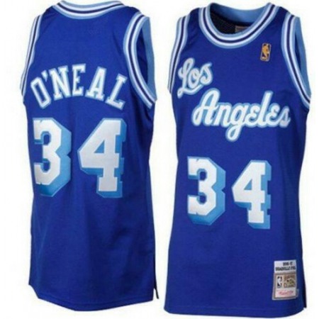 Men's Los Angeles Lakers #34 Shaquille O'Neal Blue Mitchell & Ness Stitched Throwback NBA Jersey