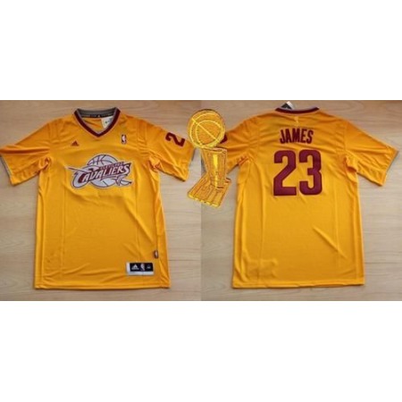 Cavaliers #23 LeBron James Yellow Throwback Short Sleeve The Champions Patch Stitched NBA Jersey
