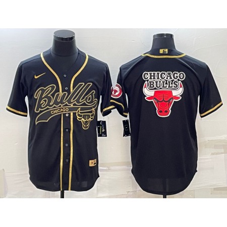 Men's Chicago Bulls Black Gold Team Big Logo Cool Base Stitched Baseball Jersey