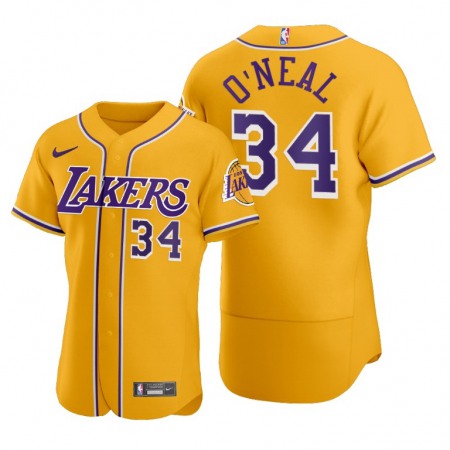 Men's Los Angeles Lakers #34 Shaquille O'Neal 2020 Gold NBA X MLB Crossover Edition Stitched Jersey