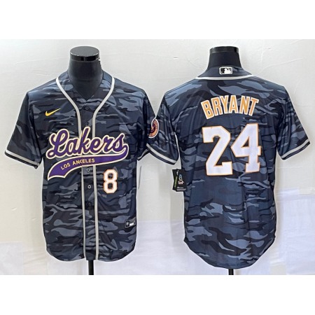 Men's Los Angeles Lakers Front #8 Back #24 Kobe Bryant Gray Camo Cool Base With Patch Stitched Baseball Jersey