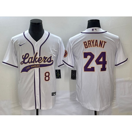 Men's Los Angeles Lakers Front #8 Back #24 Kobe Bryant White Cool Base Stitched Baseball Jersey