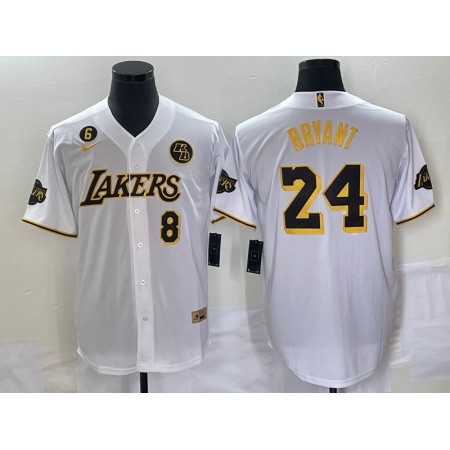 Men's Los Angeles Lakers Front #8 Back #24 Kobe Bryant With NO.6 And KB Patch White Cool Base Stitched Baseball Jersey
