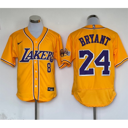Men's Los Angeles Lakers Front #8 Back #24 Kobe Bryant Yellow Stitched Baseball Jersey