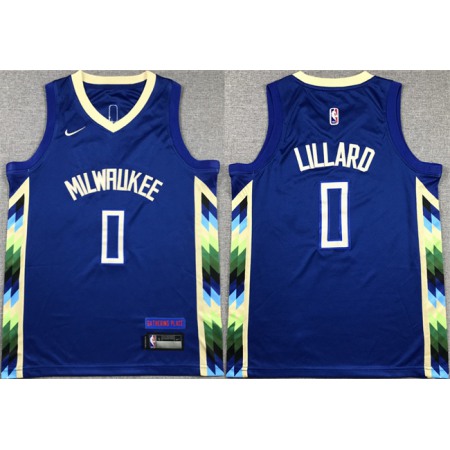Youth Milwaukee Bucks #0 Damian Lillard Blue City Edition Stitched Basketball Jersey