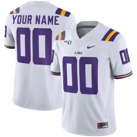 Men's LSU Tigers Customized White With 150th Patch Limited Stitched Jersey