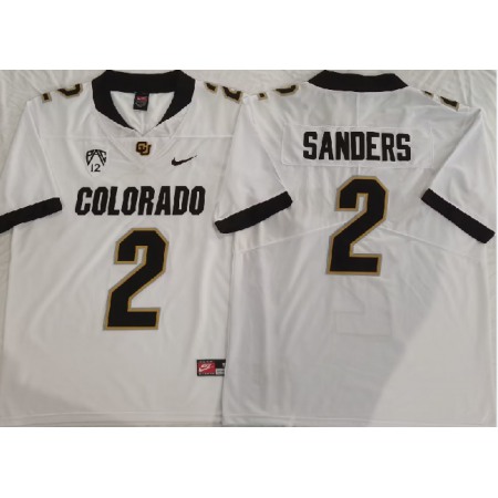 Men's Colorado Buffaloes #2 Shedeur Sanders White 2023 With PAC-12 Patch Stitched Football Jersey