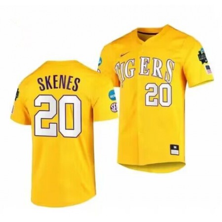 Men's LSU Tigers #20 Paul Skenes Gold 2023 College World Series Stitched Baseball Jersey