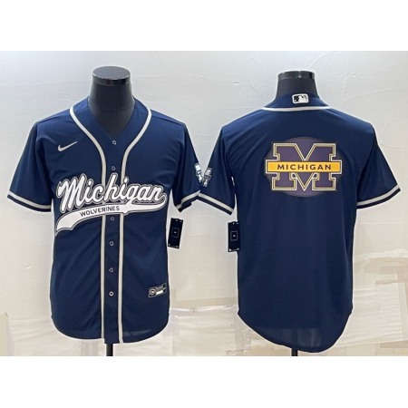 Men's Michigan Wolverines Navy Team Big Logo With Patch Cool Base Stitched Baseball Jersey