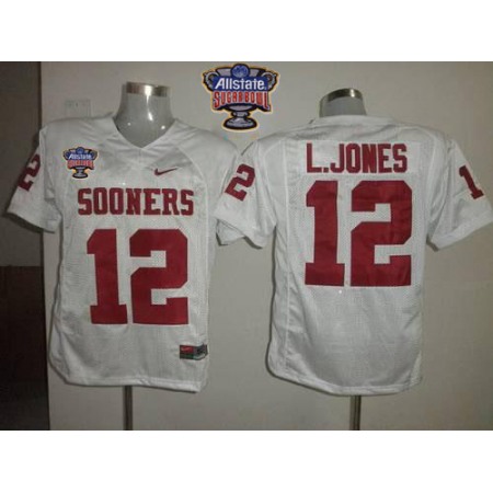 Sooners #12 Landy Jones White 2014 Sugar Bowl Patch Stitched NCAA Jersey