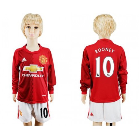 Manchester United #10 Rooney Home Long Sleeves Kid Soccer Club Jersey