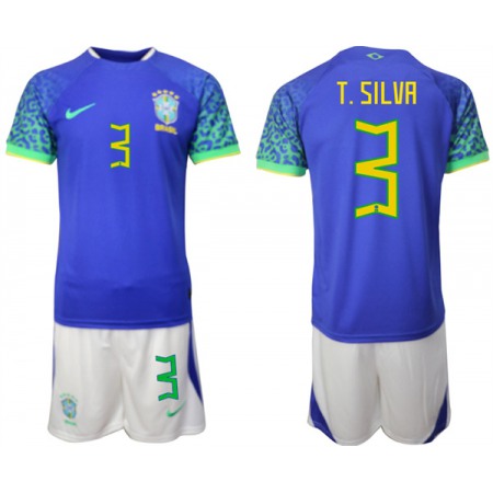 Men's Brazil #3 T. Silva Blue 2022 FIFA World Cup Away Soccer Jersey Suit