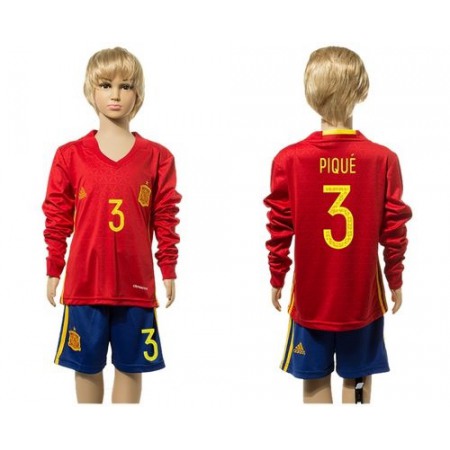 Spain #3 Pique Red Home Long Sleeves Kid Soccer Country Jersey