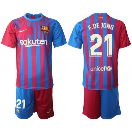 Men's Barcelona #21 Frenkie de Jong 2021/22 Red Blue Home Soccer Jersey Suit