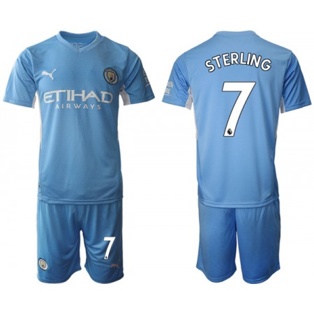 Men's Manchester City #7 Raheem Sterling 2021/22 Blue Home Soccer Jersey Suit