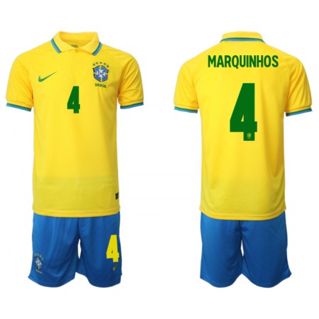 Men's Brazil #4 Marquinhos Yellow Home Soccer Jersey Suit