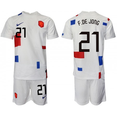 Men's Netherlands #21 F.de Jong White Away Soccer Jersey Suit