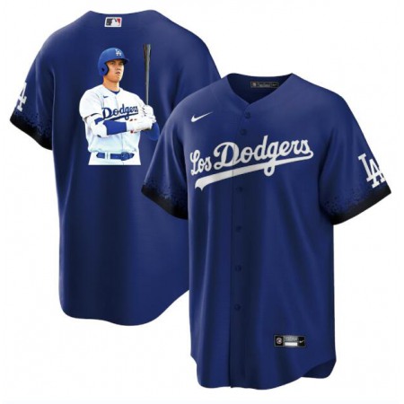 Men's Los Angeles Dodgers #17 Shohei Ohtani Blue Big Logo City Connect Cool Base Stitched Jersey