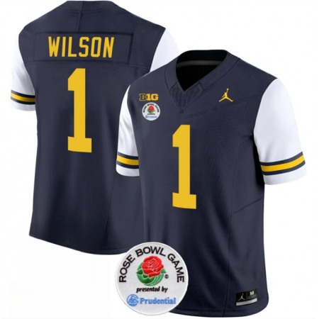Men's Michigan Wolverines #1 Roman Wilson 2023 F.U.S.E. Navy/White Rose Bowl Patch Stitched Jersey