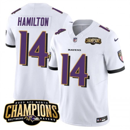 Men's Baltimore Ravens #14 Kyle Hamilton White 2023 F.U.S.E. AFC North Champions Vapor Limited Football Jersey