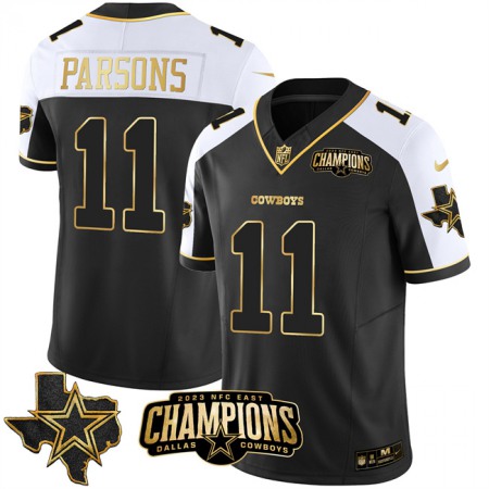 Men's Dallas Cowboys #11 Micah Parsons Black/White/Gold 2023 F.U.S.E. NFC East Champions Patch Stitched Football Jersey