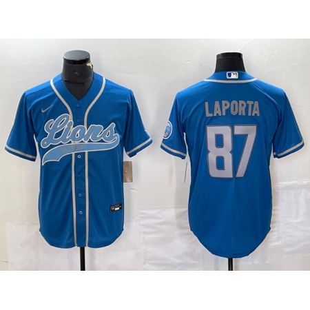 Men's Detroit Lions #87 Sam LaPorta Blue Cool Base Stitched Baseball Jersey