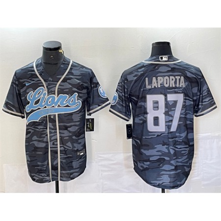 Men's Detroit Lions #87 Sam LaPorta Grey Camo Cool Base Stitched Baseball Jersey