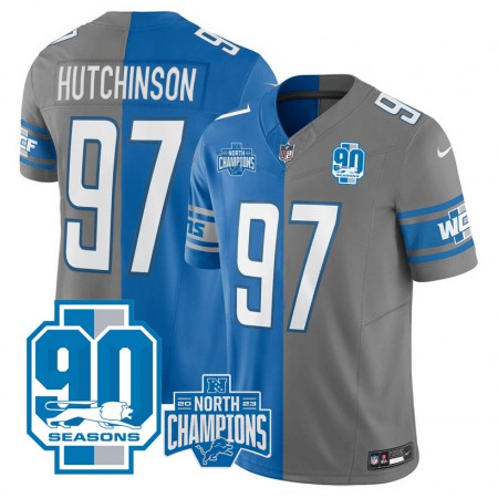 Men's Detroit Lions #97 Aidan Hutchinson Blue/Grey Split 2023 F.U.S.E. 90th Anniversary NFC North Division Champions Vapor Untouchable Limited Stitched Jersey