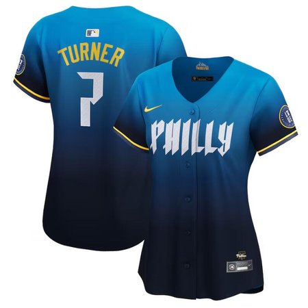 Women's Philadelphia Phillies #7 Trea Turner Blue 2024 City Connect Limited Stitched Baseball Jersey