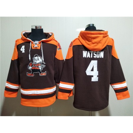 Men's Cleveland Browns #4 Deshaun Watson Brown Lace-Up Pullover Hoodie