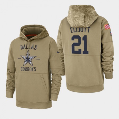 Men's Dallas Cowboys #21 Ezekiel Elliott Tan 2019 Salute to Service Sideline Therma Pullover Hoodie