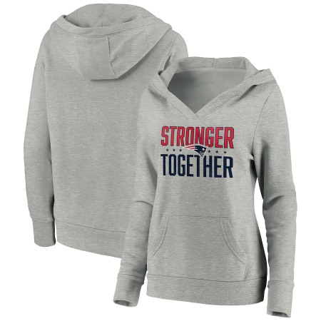 Women's New England Patriots Heather Gray Stronger Together Crossover Neck Pullover Hoodie(Run Small)