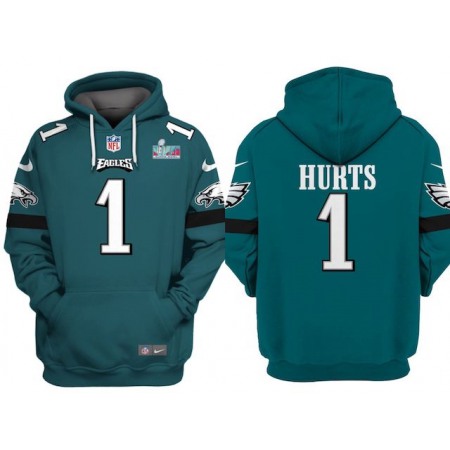 Men's Philadelphia Eagles #1 Jalen Hurts Green Super Bowl LVII Patch Pullover Hoodie