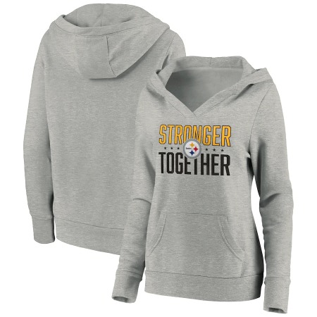 Women's Pittsburgh Steelers Heather Gray Stronger Together Crossover Neck Pullover Hoodie(Run Small)